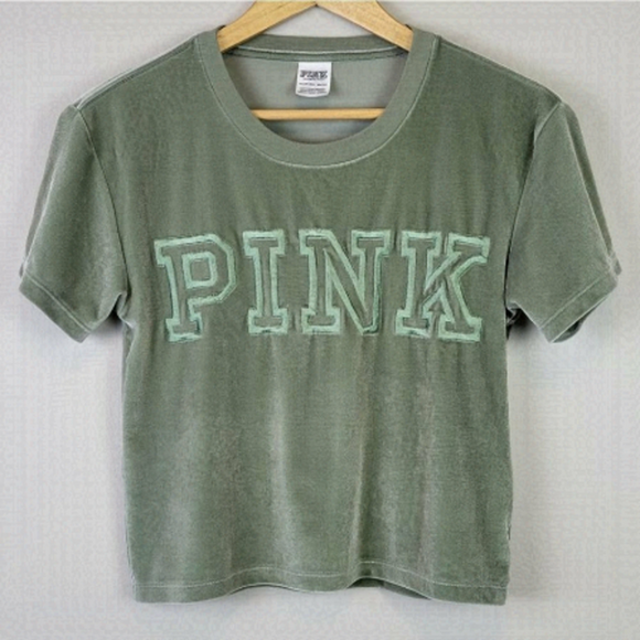 Pink victoria's secret velour short sleeve top green XS - Picture 1 of 8